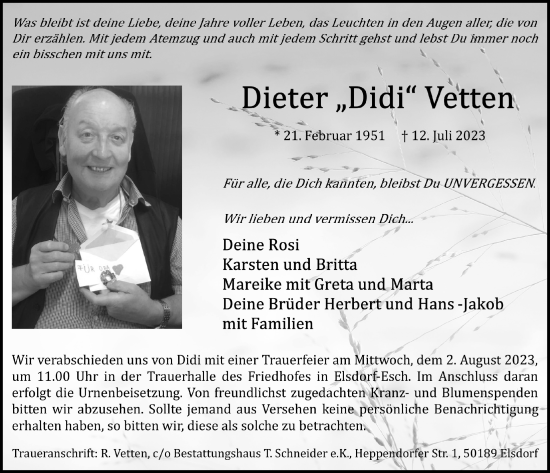 Anzeige von Dieter Vetten von  Werbepost 