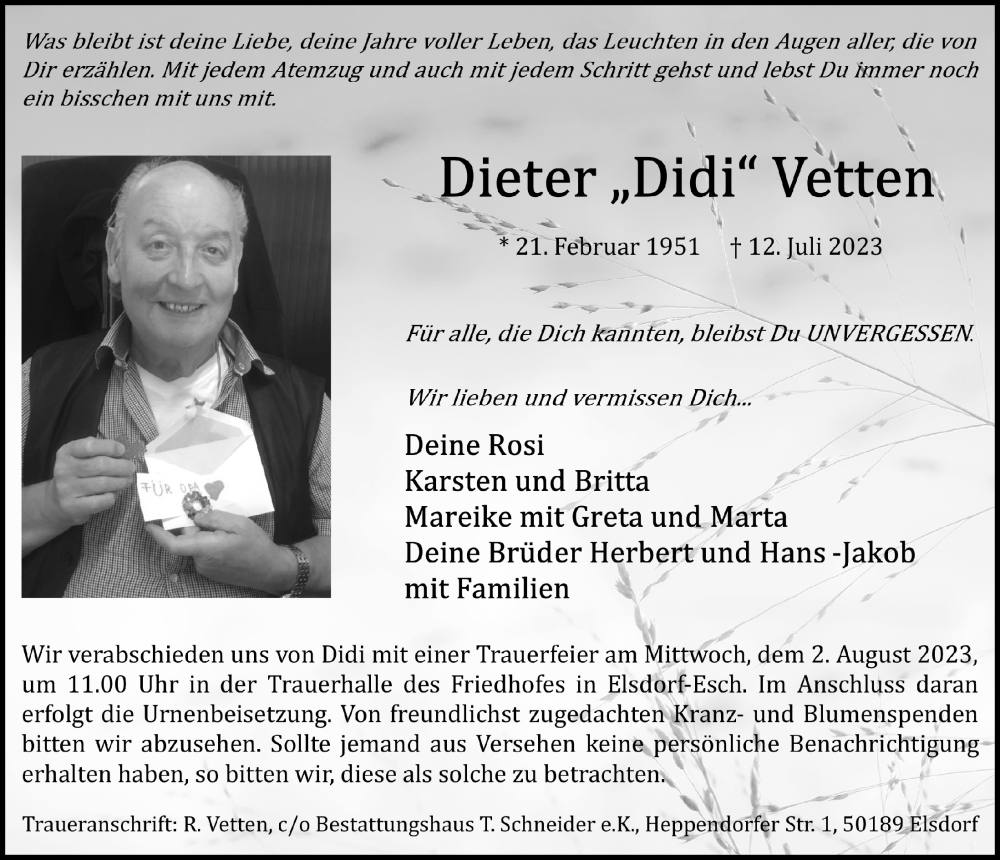  Traueranzeige für Dieter Vetten vom 21.07.2023 aus  Werbepost 