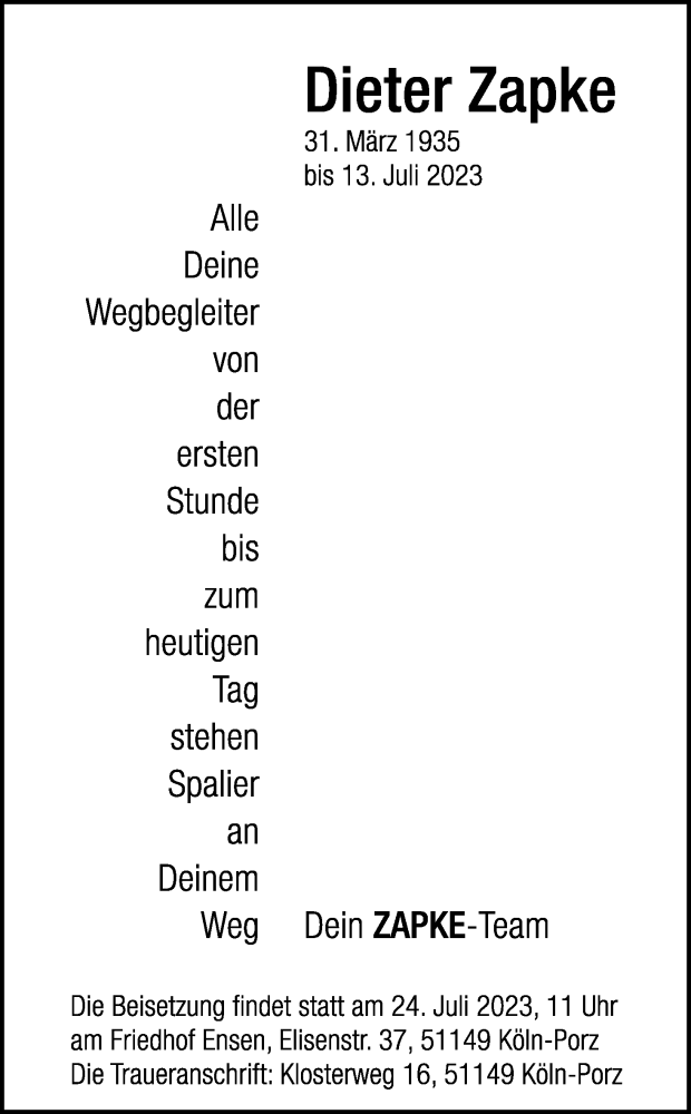  Traueranzeige für Dieter Zapke vom 19.07.2023 aus Kölner Stadt-Anzeiger / Kölnische Rundschau / Express