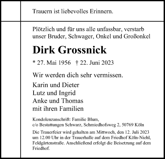 Anzeige von Dirk Grossnick von Kölner Stadt-Anzeiger / Kölnische Rundschau / Express