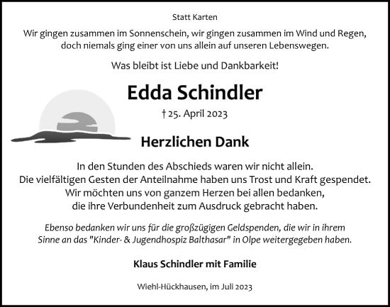 Anzeige von Edda Schindler von  Anzeigen Echo 