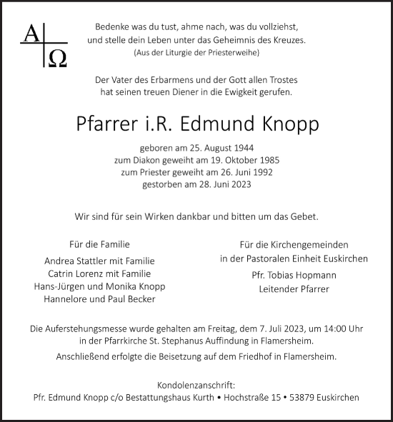 Anzeige von Edmund Knopp von  Blickpunkt Euskirchen 