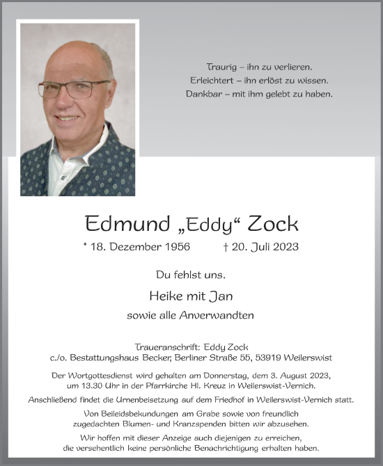 Anzeige von Edmund Zock von  Blickpunkt Euskirchen 
