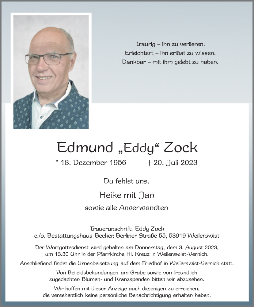  Traueranzeige für Edmund Zock vom 29.07.2023 aus Kölner Stadt-Anzeiger / Kölnische Rundschau / Express