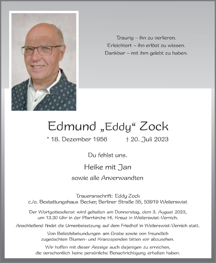  Traueranzeige für Edmund Zock vom 29.07.2023 aus  Blickpunkt Euskirchen 