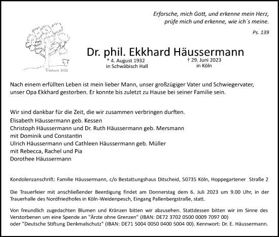 Anzeige von Ekkhard Häussermann von Kölner Stadt-Anzeiger / Kölnische Rundschau / Express