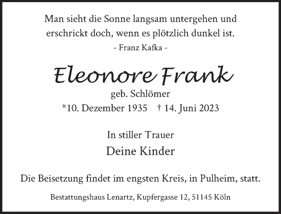 Anzeige von Eleonore Frank von  EXPRESS - Die Woche 
