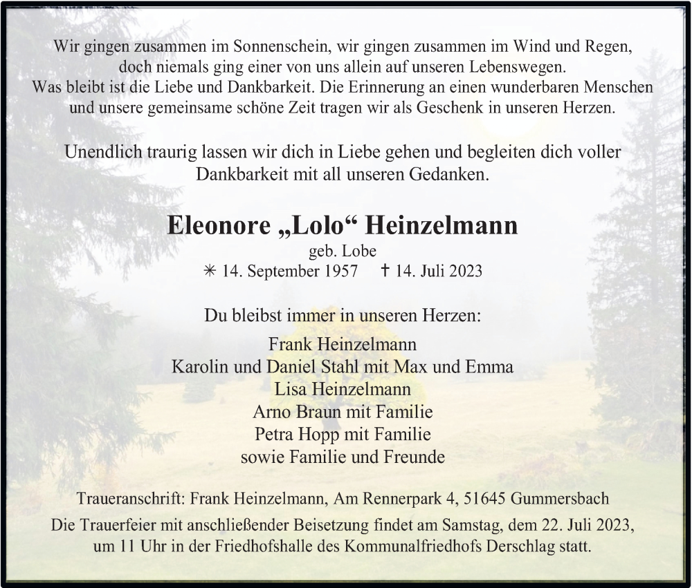  Traueranzeige für Eleonore  Heinzelmann vom 19.07.2023 aus Kölner Stadt-Anzeiger / Kölnische Rundschau / Express