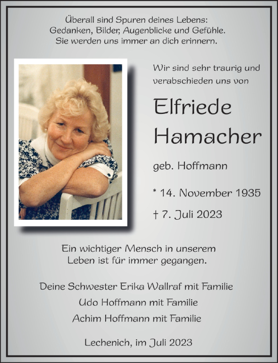 Anzeige von Elfriede Hamacher von  Werbepost 