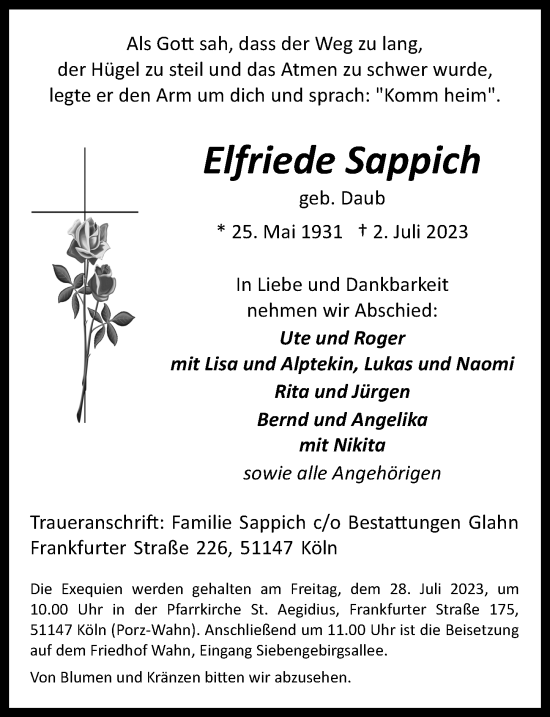 Anzeige von Elfriede Sappich von  EXPRESS - Die Woche 