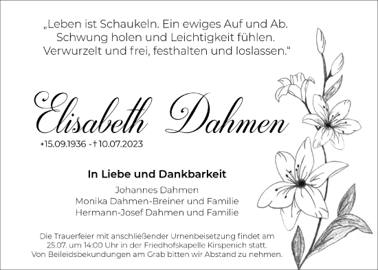 Anzeige von Elisabeth Dahmen von  Blickpunkt Euskirchen 