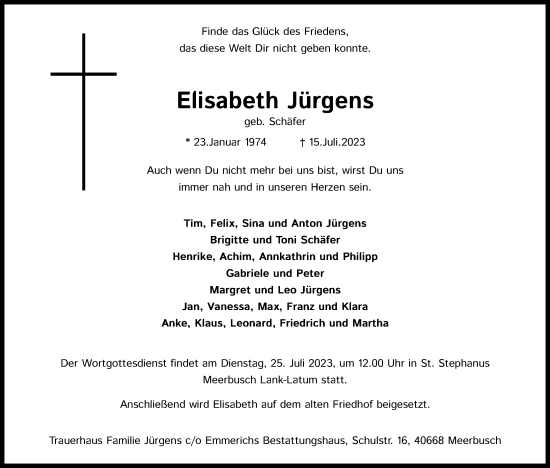 Anzeige von Elisabeth Jürgens von Kölner Stadt-Anzeiger / Kölnische Rundschau / Express