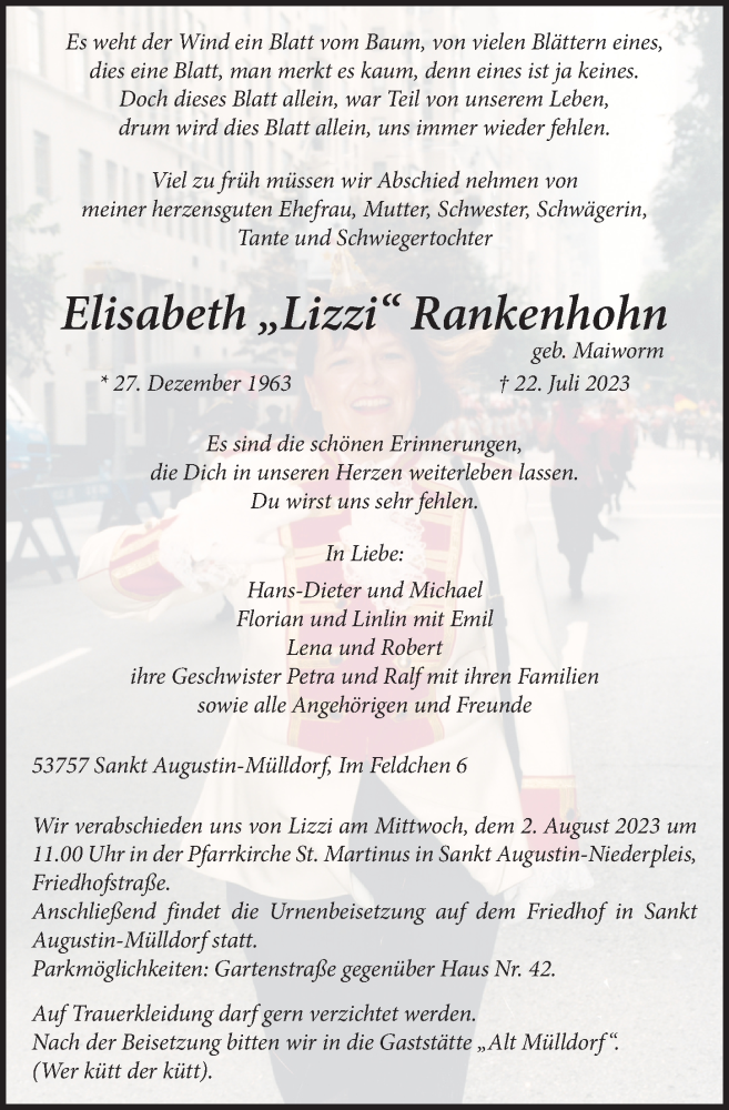  Traueranzeige für Elisabeth  Rankenhohn vom 28.07.2023 aus  Extra Blatt 