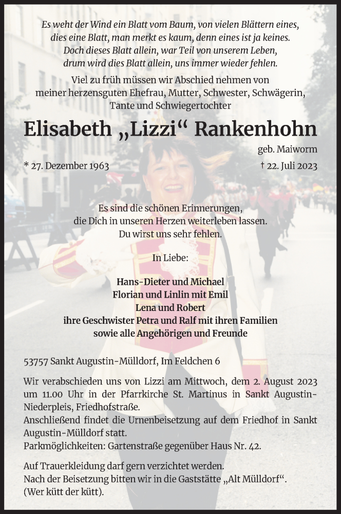  Traueranzeige für Elisabeth  Rankenhohn vom 29.07.2023 aus Kölner Stadt-Anzeiger / Kölnische Rundschau / Express