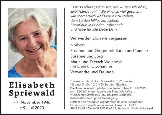 Anzeige von Elisabeth Spriewald von Kölner Stadt-Anzeiger / Kölnische Rundschau / Express