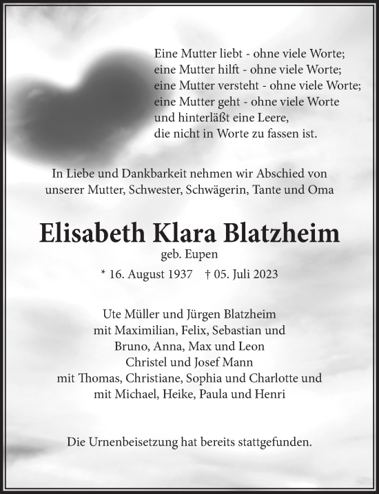 Anzeige von Elisabeth Klara Blatzheim von  Wochenende 