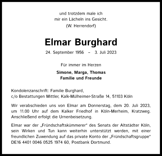 Anzeige von Elmar Burghard von Kölner Stadt-Anzeiger / Kölnische Rundschau / Express