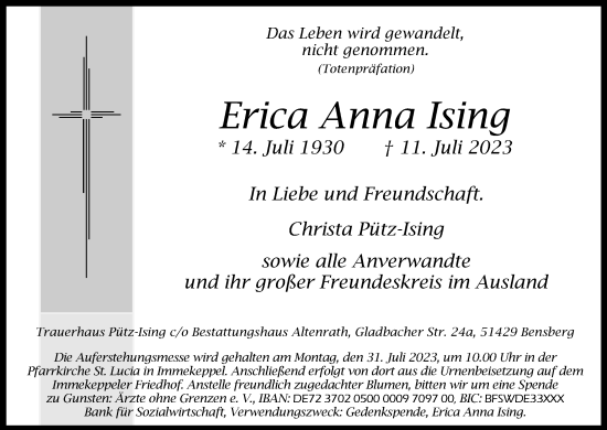 Anzeige von Erica Anna Ising von Kölner Stadt-Anzeiger / Kölnische Rundschau / Express