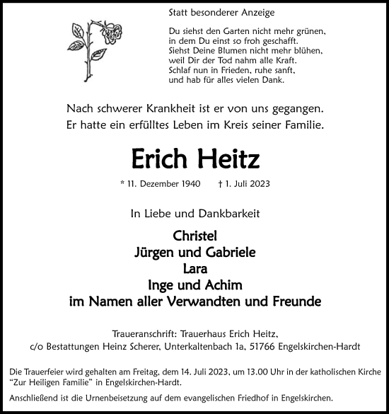 Anzeige von Erich Heitz von Kölner Stadt-Anzeiger / Kölnische Rundschau / Express