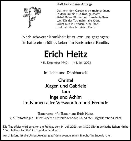 Anzeige von Erich Heitz von  Anzeigen Echo 