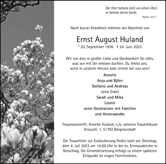 Anzeige von Ernst August Huland von Kölner Stadt-Anzeiger / Kölnische Rundschau / Express