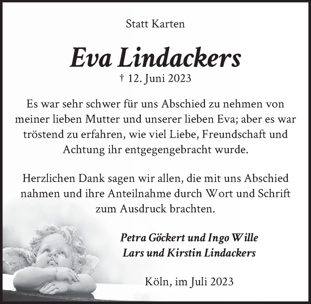  Traueranzeige für Eva Lindackers vom 18.07.2023 aus  EXPRESS - Die Woche 
