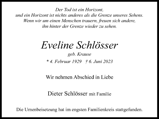 Anzeige von Eveline Schlösser von Kölner Stadt-Anzeiger / Kölnische Rundschau / Express