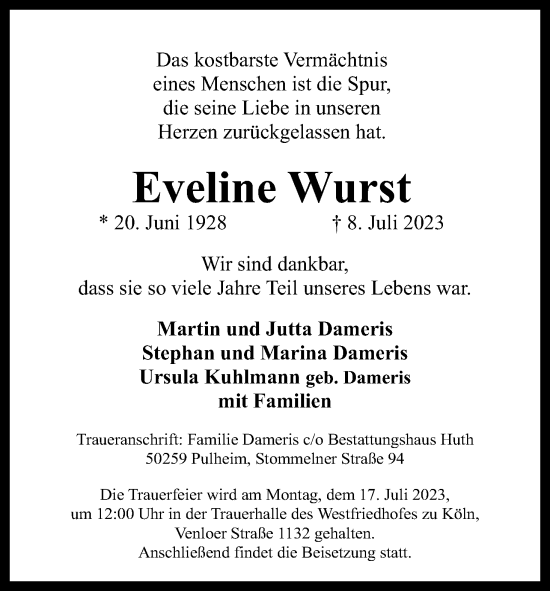 Anzeige von Eveline Wurst von Kölner Stadt-Anzeiger / Kölnische Rundschau / Express