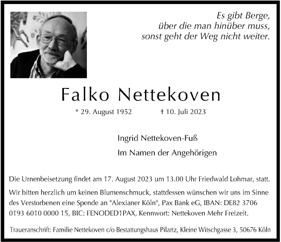 Anzeige von Falko Nettekoven von Kölner Stadt-Anzeiger / Kölnische Rundschau / Express