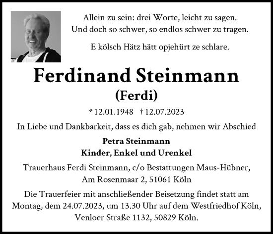 Anzeige von Ferdinand Steinmann von Kölner Stadt-Anzeiger / Kölnische Rundschau / Express