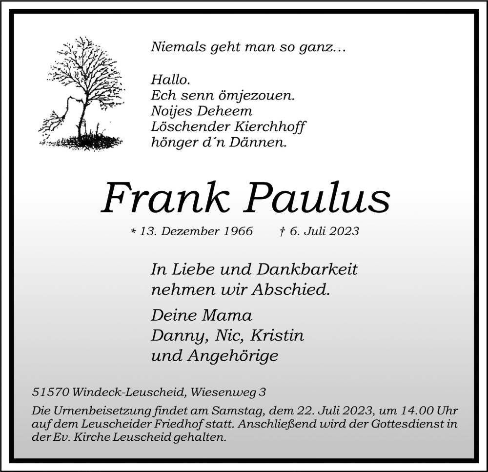  Traueranzeige für Frank Paulus vom 14.07.2023 aus  Lokalanzeiger 