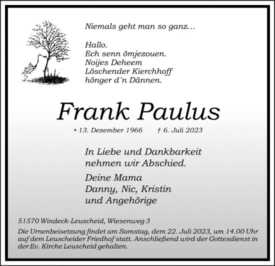 Anzeige von Frank Paulus von  Lokalanzeiger 