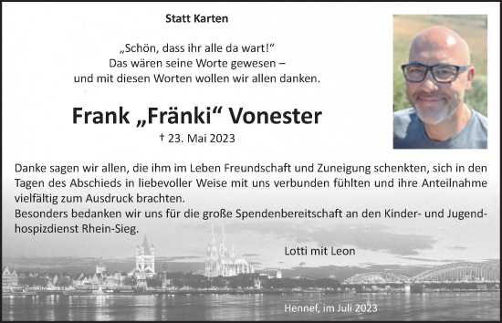 Anzeige von Frank Vonester von  Extra Blatt 