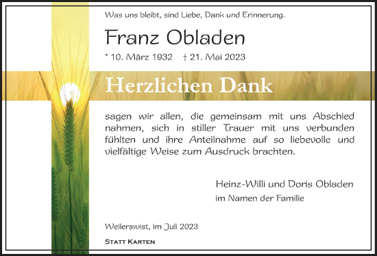 Anzeige von Franz Obladen von  Blickpunkt Euskirchen 