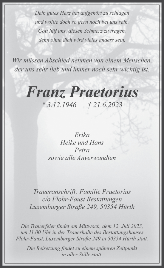 Anzeige von Franz Praetorius von  Wochenende 