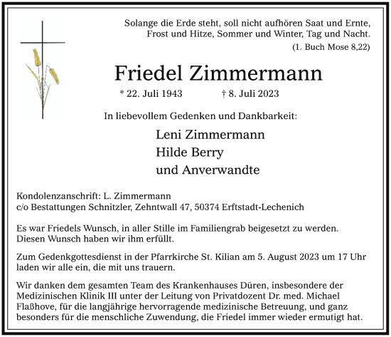 Anzeige von Friedel Zimmermann von  Werbepost 