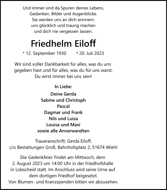 Anzeige von Friedhelm Eiloff von Kölner Stadt-Anzeiger / Kölnische Rundschau / Express