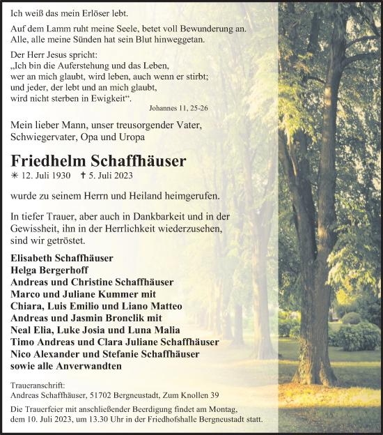 Anzeige von Friedhelm Schaffhäuser von Kölner Stadt-Anzeiger / Kölnische Rundschau / Express
