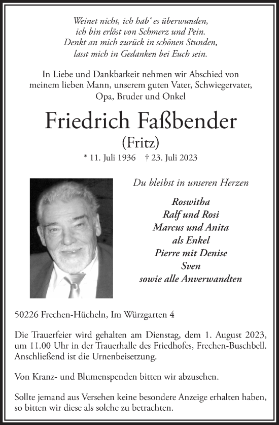 Anzeige von Friedrich Faßbender von  Wochenende 