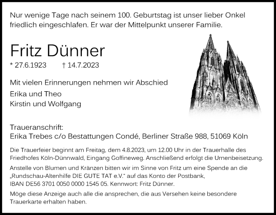 Anzeige von Fritz Dünner von Kölner Stadt-Anzeiger / Kölnische Rundschau / Express