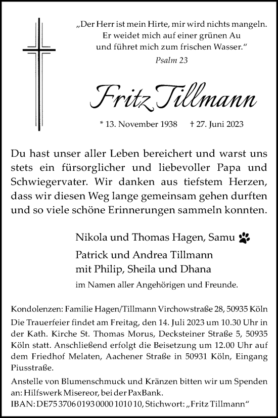 Anzeige von Fritz Tillmann von Kölner Stadt-Anzeiger / Kölnische Rundschau / Express