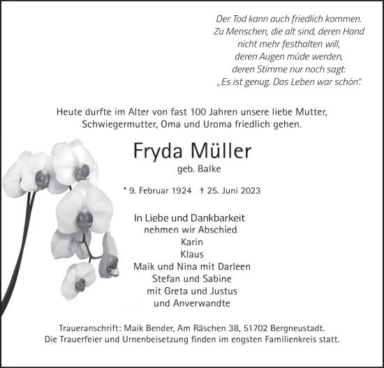 Anzeige von Fryda Müller von  Anzeigen Echo 