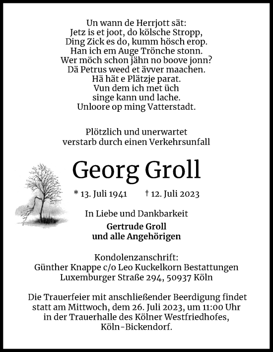 Anzeige von Georg Groll von Kölner Stadt-Anzeiger / Kölnische Rundschau / Express