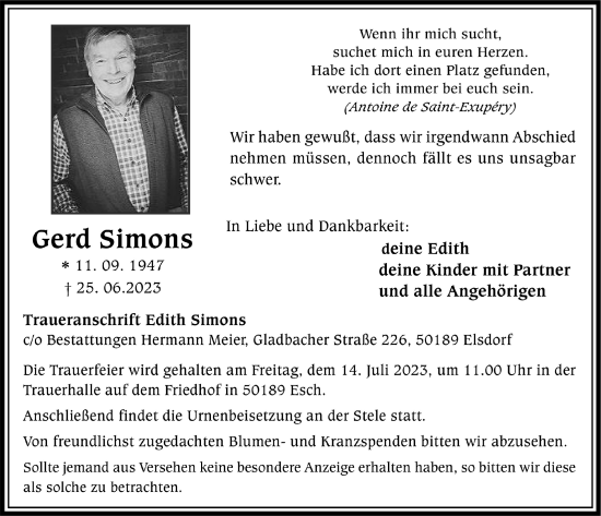 Anzeige von Gerd Simons von  Werbepost 