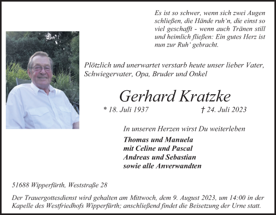 Anzeige von Gerhard Kratzke von Kölner Stadt-Anzeiger / Kölnische Rundschau / Express