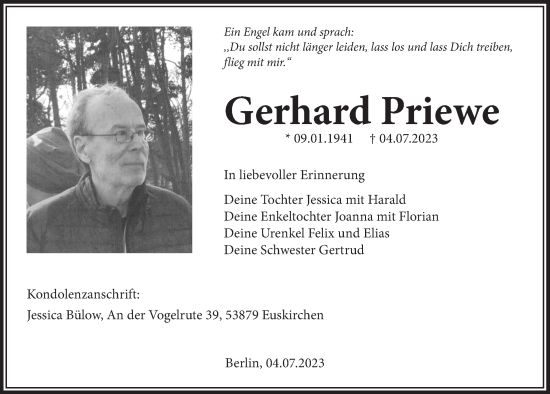 Anzeige von Gerhard Priewe von  Blickpunkt Euskirchen 