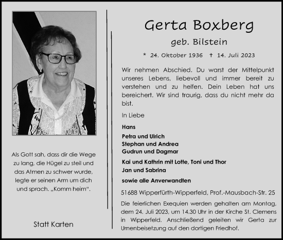 Anzeige von Gerta Boxberg von Kölner Stadt-Anzeiger / Kölnische Rundschau / Express