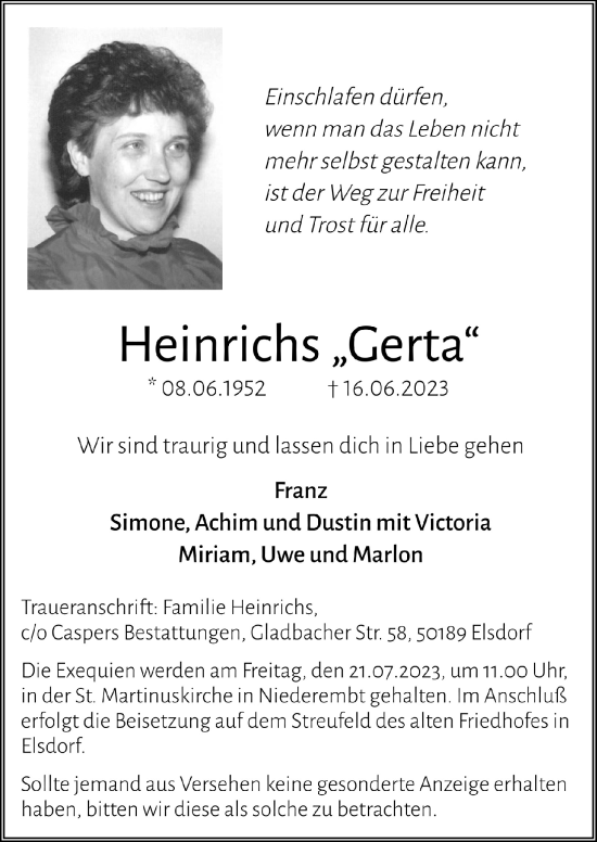 Anzeige von Gerta Heinrichs von  Werbepost 