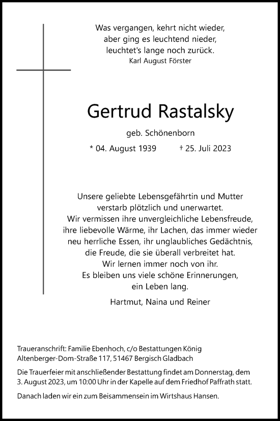 Anzeige von Gertrud Rastalsky von Kölner Stadt-Anzeiger / Kölnische Rundschau / Express