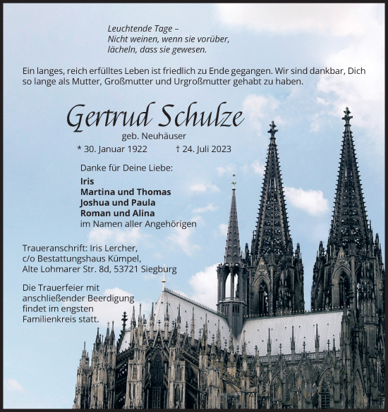 Anzeige von Gertrud Schulze von Kölner Stadt-Anzeiger / Kölnische Rundschau / Express
